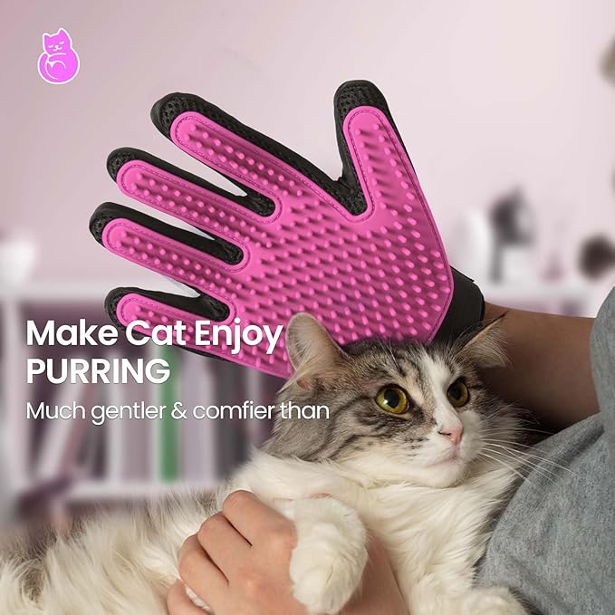 DELOMO Pet Grooming Gloves, Upgrade Version with Enhanced 255 Silicone Grooming Tips, Hair Remover Mittens for Dogs & Cats, Bath Brush, 1 Pair (Pink)-PawvioPets