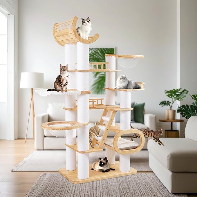 82.7'' Large Cat Tree, Modern Cat Tower with Scratching Post, Luxury Cat House, Wood Cat Tree for Indoor Cats Large Adult, Multi-Level Activity Center with Hammock, Clear Bowl, Semi-Closed Condo-PawvioPets