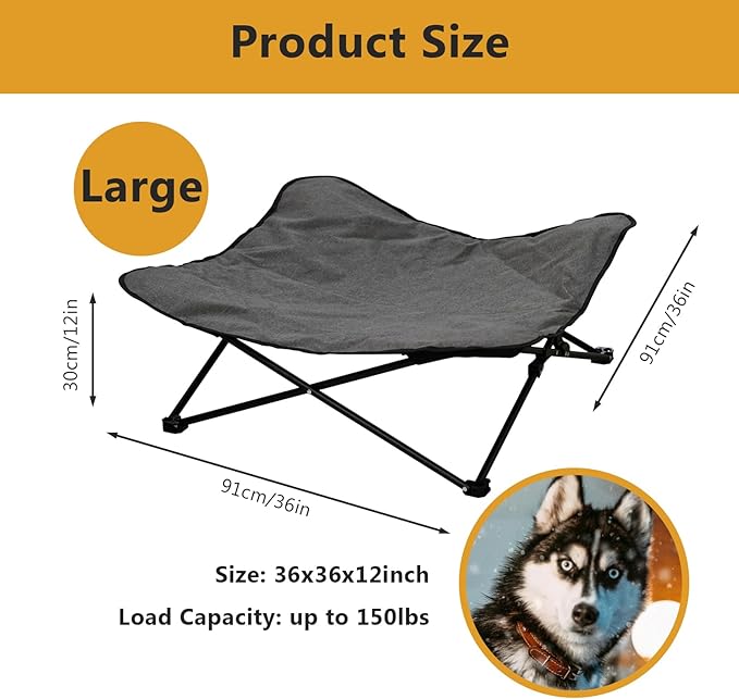 Elevated Dog Bed, Portable Raised Pet Cot for Outdoor and Indoor Folding Dog Cot Bed with Padded Filling Carrying Bag Included Pet Raised Travel Lounger for Camping Traveling (36x36x12inch)-PawvioPets