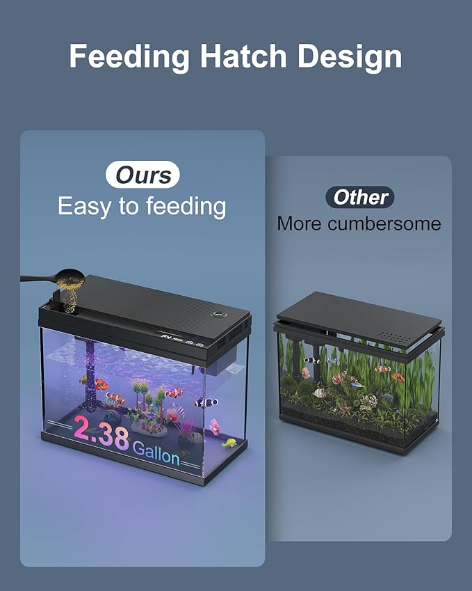 Fish Tank Aquarium Kit, 2.38 Gallon Beta Fish Aquariums, UHD Glass,Temperature Sensing, 7-Color Lighting Small Fish Tank for Kids/Desktop Decor-PawvioPets