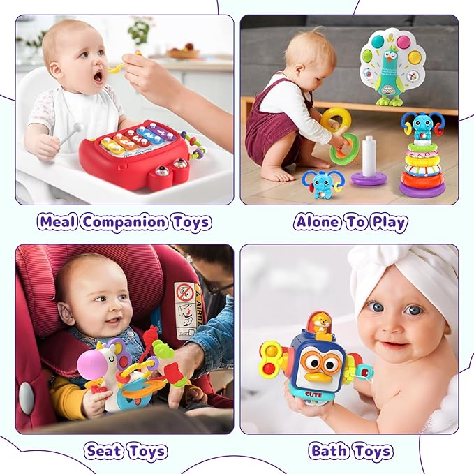 5 in 1 Baby Toy for 12 18 Month, Learning Toys for Babies 12-18 Months, Baby Busy Cube, Stacking&Sensory, Pull String&Piano Xylophone Toy, Birthday Gift for 12+ Month-PawvioPets