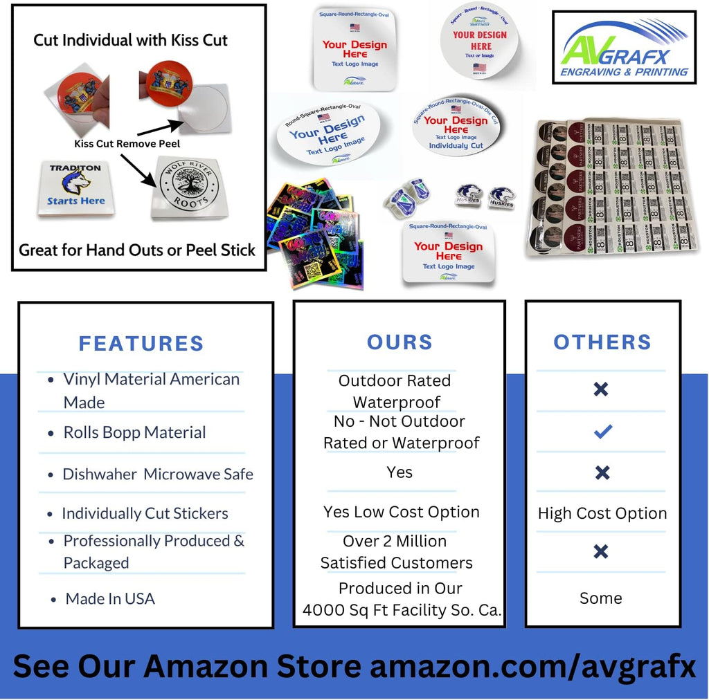 avgrafx 1.5 Inches Custom Sticker Personalized Labels Waterproof Dishwasher Safe Made USA, Custom Labels Business or Image Personalize Your Business Stickers