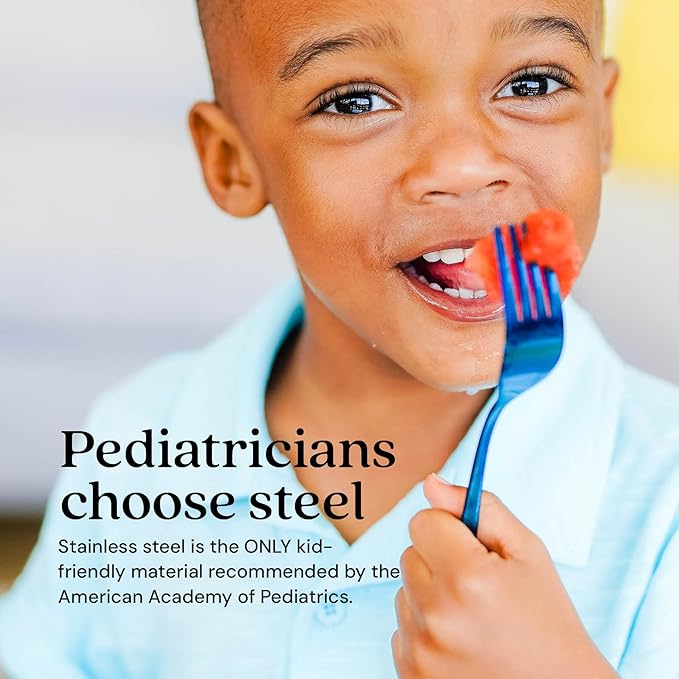 Ahimsa Stainless Steel Kids Utensils - Kids Fork and Spoon Set, Pediatrician Designed Toddler Utensils, 100% BPA Free & Dishwasher Safe (Iridescent Blue)-PawvioPets