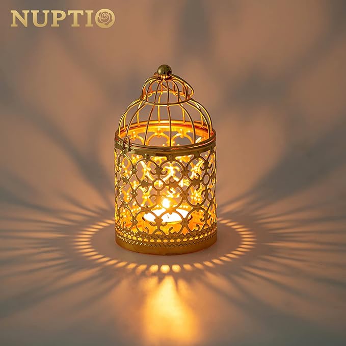 6 Pcs Small Metal Tealight Hanging Birdcage Lantern, Vintage Decorative Centerpieces of Wedding, Party, Gold-PawvioPets