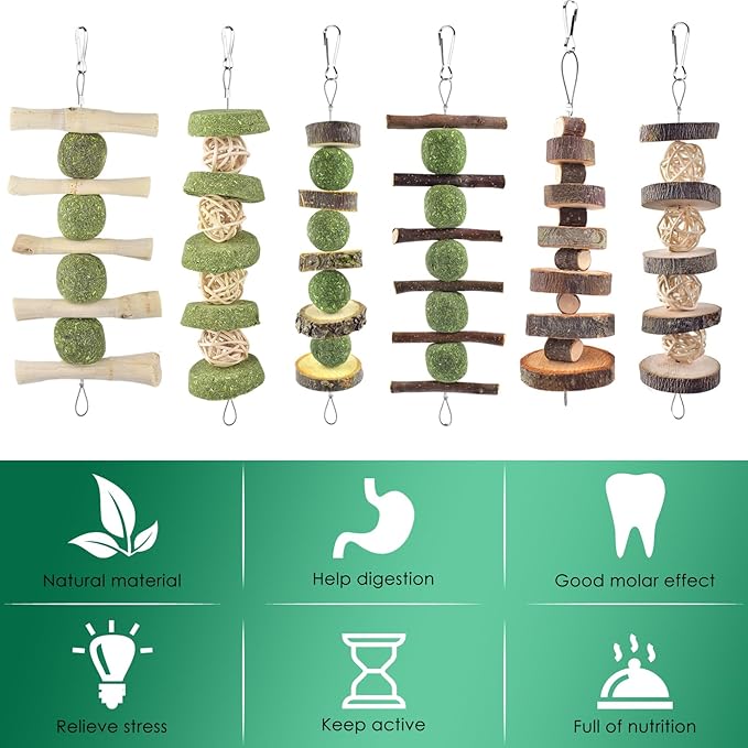 ERKOON Bunny Chew Toys, Rabbit Chew Toys for Teeth Grinding, Improve Dental Health, 100% Natural Apple Wood Timothy Grass Cake Treats for Rabbits Guinea Pigs Chinchillas Bunnies Hamsters (9 Pcs)-PawvioPets