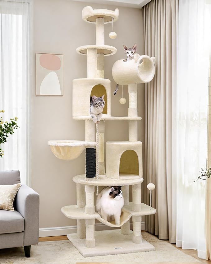 Globlazer Artistic Curved Cat Tower for Small Cats (Under 12 lbs), 81-inch Slim Design Cat Tree with Space-Saving Design, Indoor Cat Condo with Hammock & Tunnel, C81, Beige, Non-Large Cats-PawvioPets