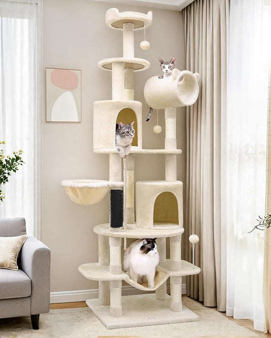Globlazer Artistic Curved Cat Tower for Small Cats (Under 12 lbs), 81-inch Slim Design Cat Tree with Space-Saving Design, Indoor Cat Condo with Hammock & Tunnel, C81, Beige, Non-Large Cats-PawvioPets