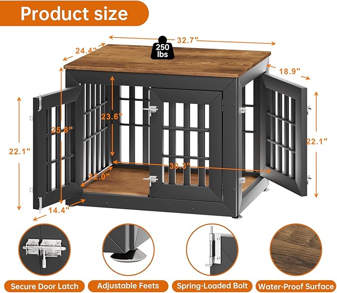 32" Heavy Duty Dog Crate Furniture for Small,Medium and Large Dogs,Rustic Wooden Dog Cage Kennel Indoor Furniture with Waterproof Top,Decorative Pet House Side End Table (Black & Wood)-PawvioPets