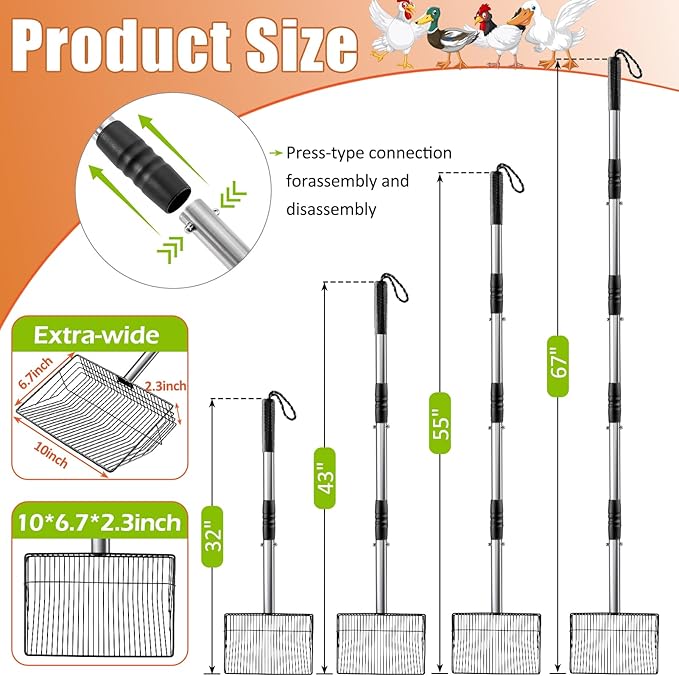 Esmorah 10 Inch Large Metal Chicken Poop Scooper for Sand & Coop Cleaning - Long Sifting Shovel with 24"-68" Adjustable Handle, 5 Lengths Heavy Duty Stainless Steel-PawvioPets