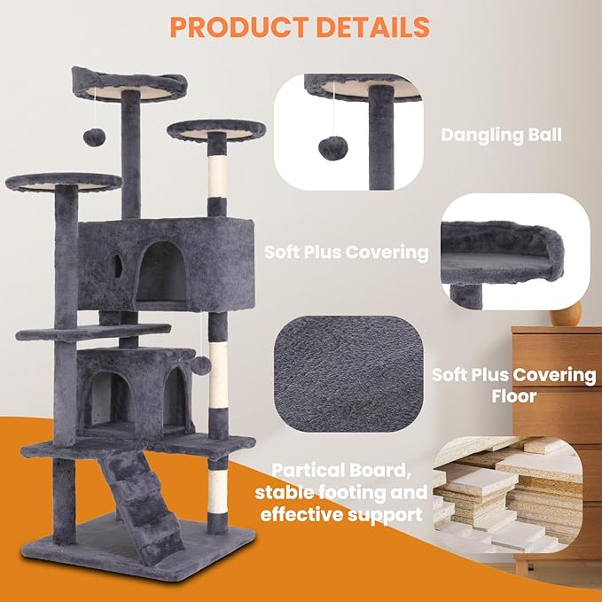 54.7 inches Cat Tower for Indoor Cats Multi-Level Cat Condos for Cat Tree Cat Climbing Tower with Scratching Posts, Hanging Toys,Ashy-PawvioPets