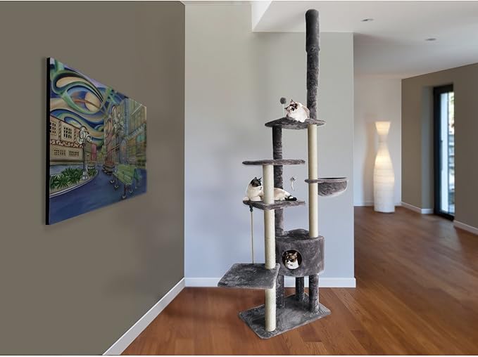 Furhaven 100"-113" Tall Cat Tree for Indoor Cats w/ Adjustable Height, Ft. Sisal Scratching Posts, Condo, & Toys - Tiger Tough Skyscraper Interactive Playground Tower - Gray, One Size-PawvioPets