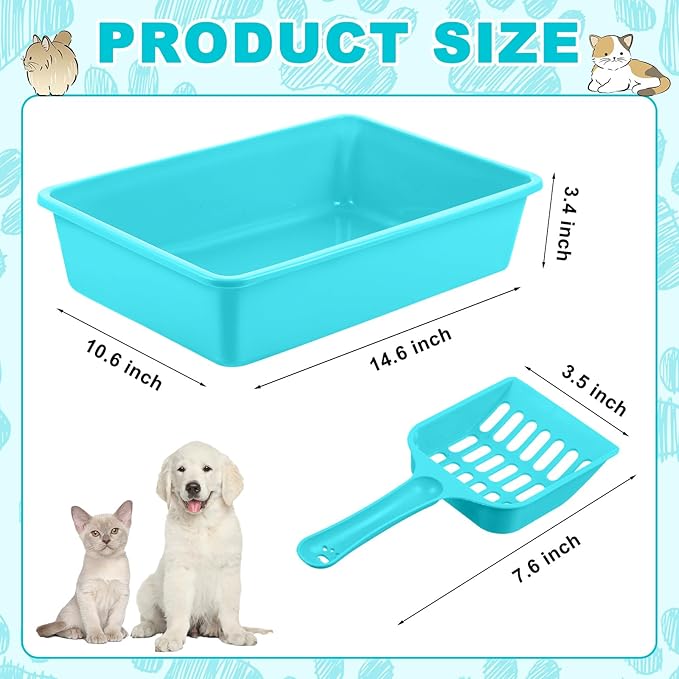Amyhill 5 Pcs Open Cat Litter Box Kitten Litter Pan with 5 Scooper Medium Plastic Pet Tray Durable Nonstick Kitten Box for Indoor Pets Cats Rabbit Supply Easy to Clean, 14.6x10.6x3.4 Inch (Blue)-PawvioPets