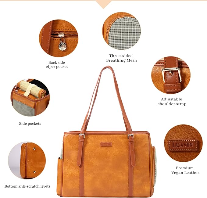 Fashion Dog Purse Pet Carrier Leather Bag for Small Dogs Cats Puppy, Portable Tote Bag Airline Approved Soft-Sided Carriers (Brown)-PawvioPets