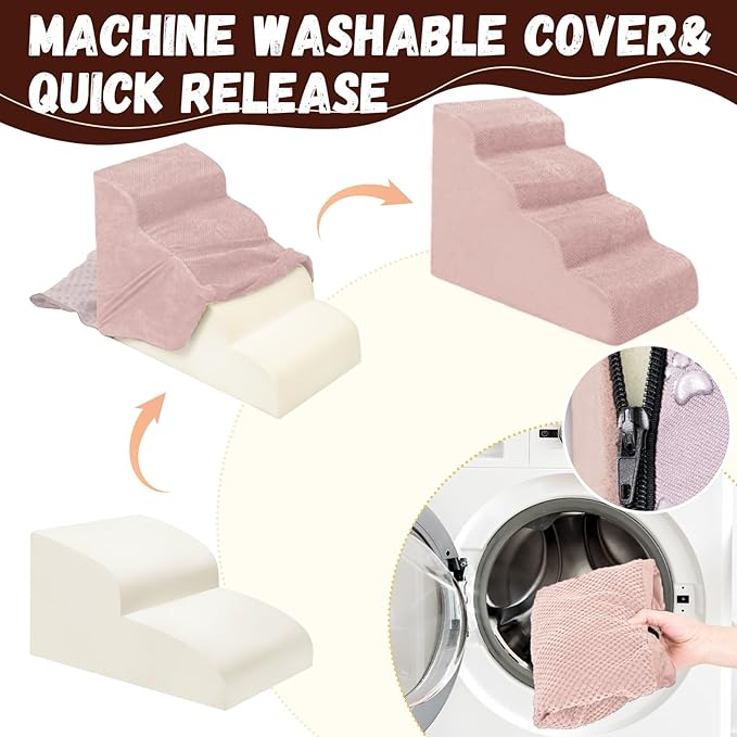 Dog Stairs for Small Dogs - High Density Foam Pet Steps, Extra Wide Dog Ramp with Non-Slip Bottom for High Beds, Couch and Sofa, Best for Dogs Injured, Older Doggy Cats,4 Stpes, Pink-PawvioPets