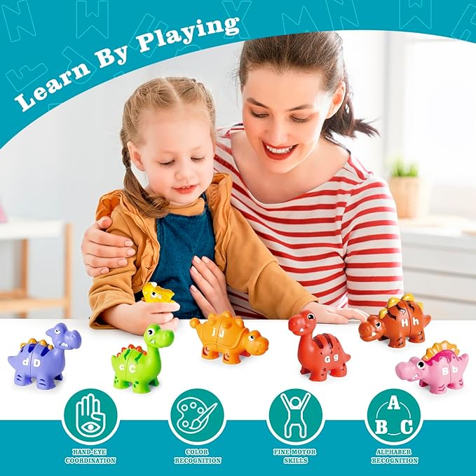 52 PCS Dinosaur Alphabet Learning Toys for Toddlers Kids 3-5, 10 Different Dinosaur Figures, Double Sided ABC Matching Game, Preschool Activities Montessori Fine Motor Toys for Toddlers Kids-PawvioPets
