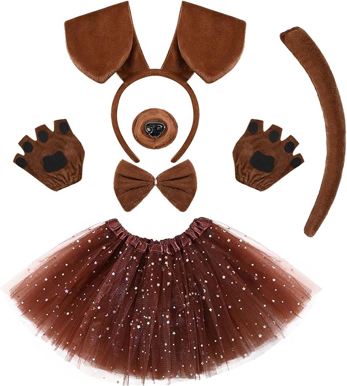 6 Pcs Puppy Costume for Women Include Dog Ears Headband,Bow Tie Tail Nose Paw Gloves and Tutu Skirt for Halloween-PawvioPets