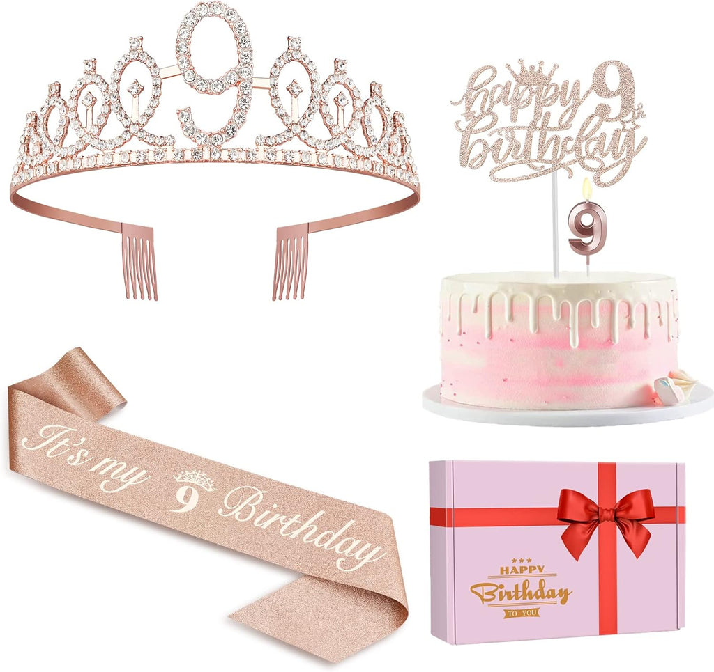 9th Birthday Decorations for Girl Including Sash, Crown, Numeral Candle and Cake Topper, 9 Year Old Girls Party Favor Supplies