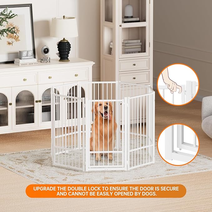 Full Metal Freestanding Dog Gate with Door, 36''Height Foldable Pet Dog Fence for Indoor & Outdoor, 8 Panels Extra Wide Free Standing TallDog Gates for Doorways,House,Stairs,Porch,Deck,Yard-PawvioPets