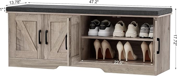 2-Tier Storage Bench, Shoe Bench with Padded Seat Cushion, Entryway Bench with 4 Barn Doors, Adjustable Shelf, 13.8" D x 47.2" W x 17.7" H, for Entryway, Living Room, Bedroom, Greige-PawvioPets
