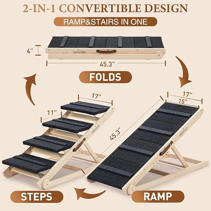 2025 Upgraded Dog Steps for Bed & Couch - 2-in-1 Dog Stairs/Ramp for Small to Large Breeds - 45.3" Long Adjustable 14"-26" Up to 200LBS - Folding Portable Wooden Pet Stairs for high Bed Couch Car-PawvioPets
