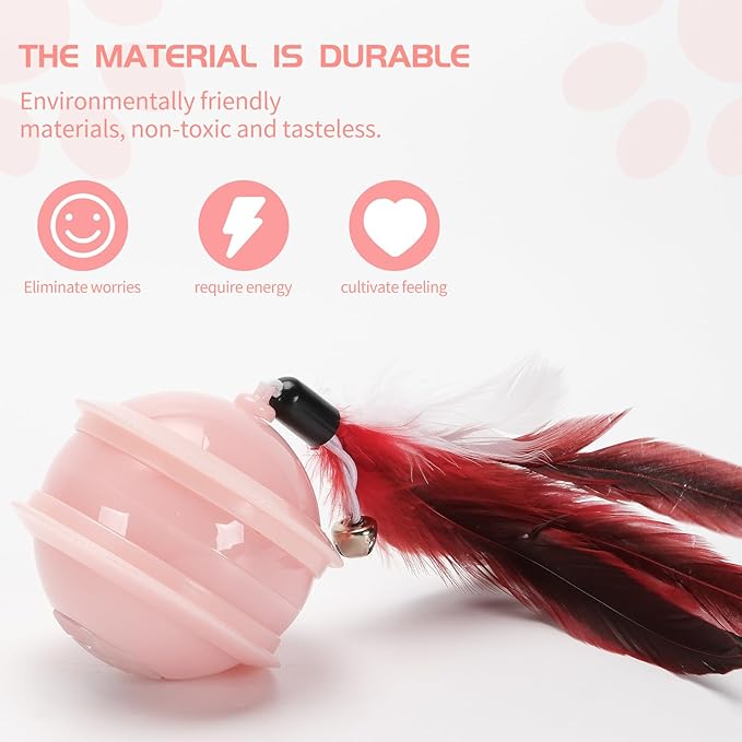 Colurful LED Interactive Cat Feather Toy Ball for Bored Indoor Adult Cats Chase Automatic Moving Ball Rechargeable Self Rolling Automated Tumbler Toy Electric Cat Toy (Pink)-PawvioPets
