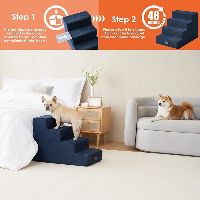 EHEYCIGA Dog Stairs for Bed 20" H, 4-Step Extra Wide Dog Steps for High Bed, Pet Steps for Small Dogs and Cats, Non-Slip Balanced Pet Ramp Indoor, Navy Blue-PawvioPets