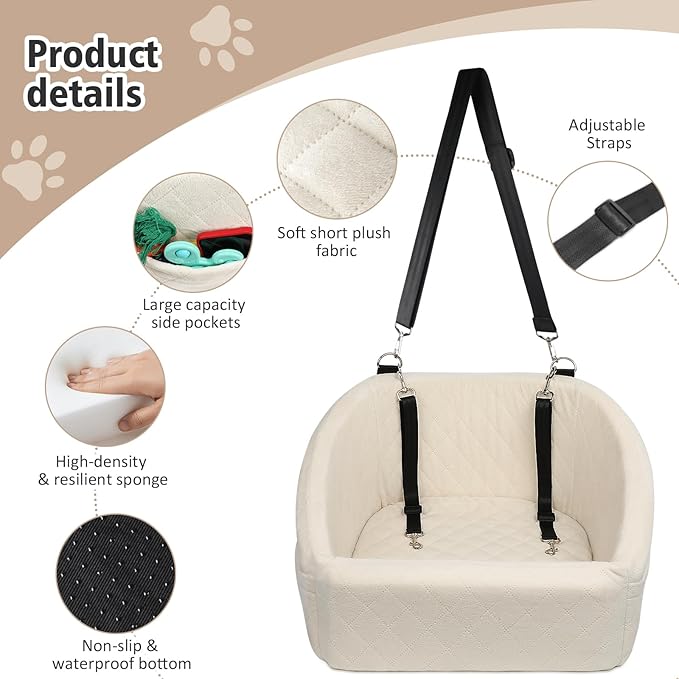 Dog Car Seat for Small Medium Dogs,Detachable Washable Dog Booster Seat Under 30lbs, Pet Car Seat Travel Bed with Storage Pockets and Dog Safety Belt (White)-PawvioPets