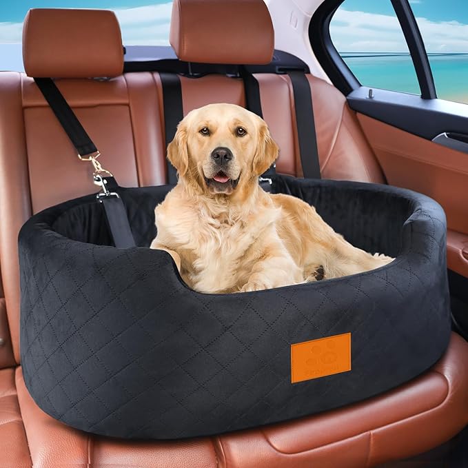 Dog Car Seat for Medium Dogs Up to 50 lbs, Pet Booster Seat for Cars SUVs and Trucks, Travel Dog Bed with Safety Strap, Thick Cushion, Non-Slip Base, Washable and Portable (Black)-PawvioPets