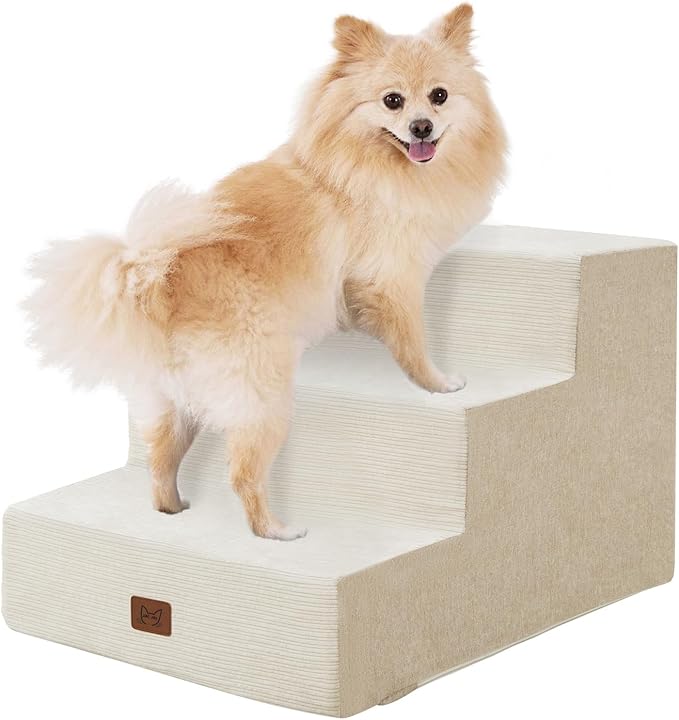 Dog Stairs for Bed, Dog Steps for Bed Couch Sofa, 35D Foam Pet Steps for Small Dogs and Cats, Extra Wide Pet Stairs with Non-Slip Bottom Beige, 3 Steps-PawvioPets