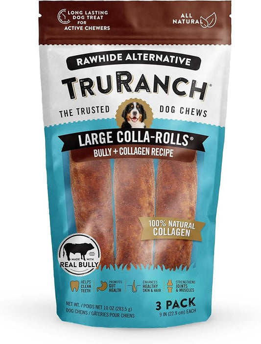 Collagen Rolls - 9" Collagen Rolls for Dogs - Long Lasting Healthy Joint Support Dog Treat - Rawhide Alternative - Skin & Coat Health - Made with Real Bully, 1 Bag, 3 Count-PawvioPets