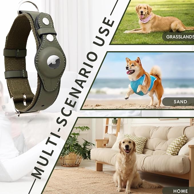 AirTag Dog Collar Soft Leather Webbing Dog Collar for AirTag Provides Double Protection for Small Medium and Large Dogs(Black,L)-PawvioPets