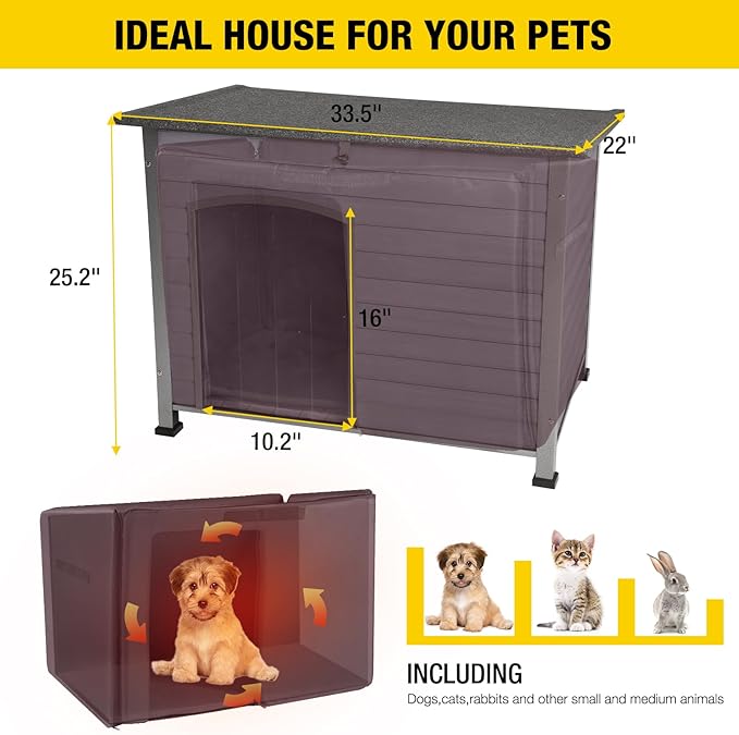 Aivituvin Dog House with Insulated Liner, Outdoor Indoor Weatherproof Dog House for Winter, Suitable for Small & Medium & Large Dogs with Unique All-Around Iron Frame(Grey)-PawvioPets