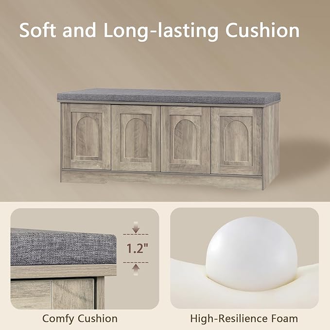 DINZI LVJ Shoe Bench, Entryway Storage Bench with Doors, Cushion, 2-Tier Shoe Rack with 8-Cubby, 47.2”L x 13.8”W Shoe Organizer Cabinet, Adjustable Shelf, Living Room, Bedroom, Gray Wash-PawvioPets