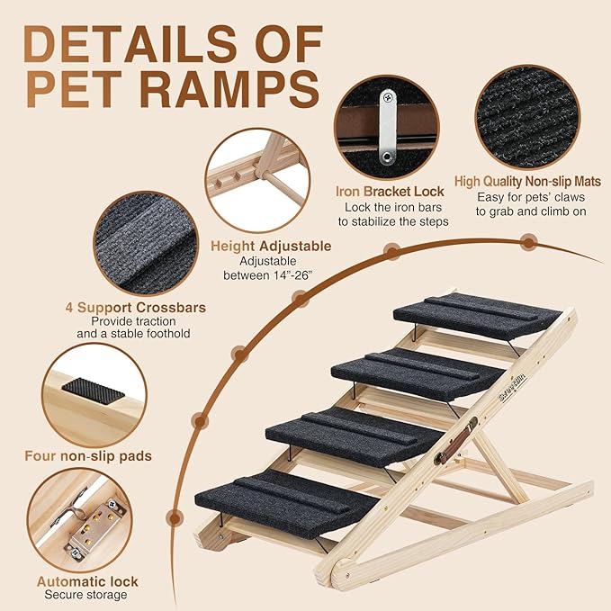 2025 Upgraded Dog Steps for Bed & Couch - 2-in-1 Dog Stairs/Ramp for Small to Large Breeds - 45.3" Long Adjustable 14"-26" Up to 200LBS - Folding Portable Wooden Pet Stairs for high Bed Couch Car-PawvioPets