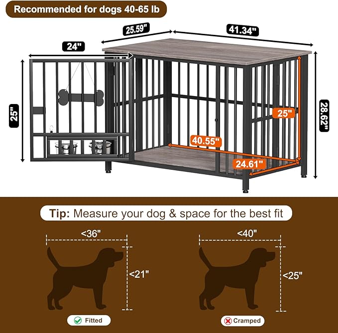 Easycom 41" Dog Crate Furniture Foldable, No Assembly Decorative Dog Kennel Indoor, Dog Crates for Large Dogs (40-65 lbs), Wooden Dog Cage with Adjustable Bowls and Name Tag, End Table, Oak Grey-PawvioPets