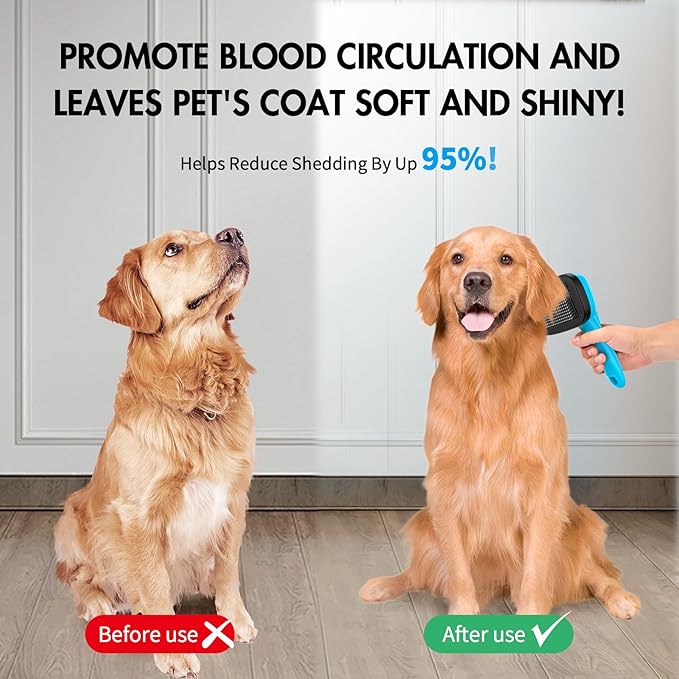 Dog Self Cleaning Slicker Brush for Shedding, Ideal for Short Long Haired Dogs, Including Cat. Removes Loose Fur, Undercoat, Mats, Tangled Hair. Suit for Large Medium Small Animal. Blue-PawvioPets