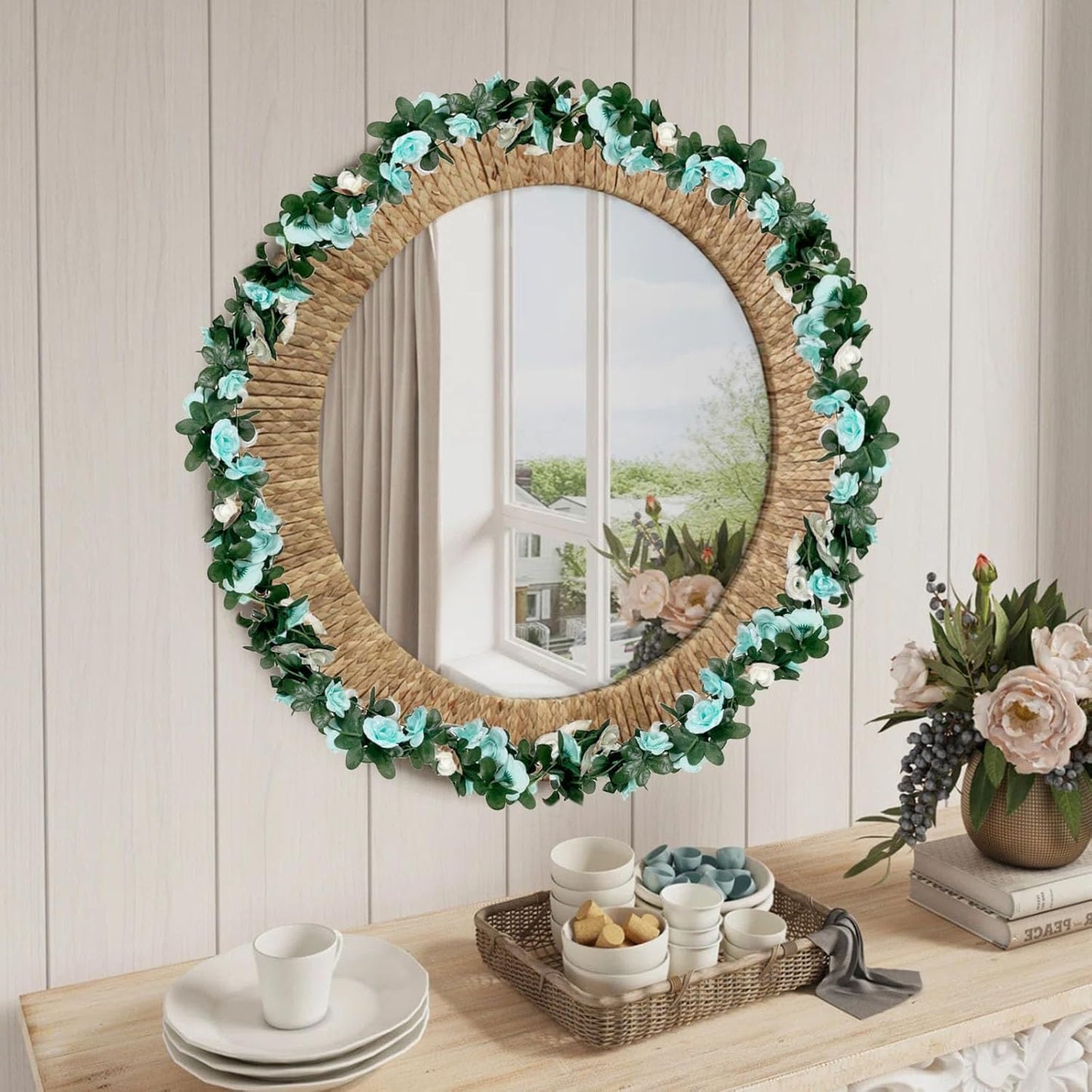 8Pcs 63Ft Teal&White Rose Garland, Fake Rose Hanging Flowers, Artificial Flower Vine, Hanging Floral Vine Garland for Wedding, Birthday Party, Wall Arch, Halloween, Christmas Garden Backdrop Decor