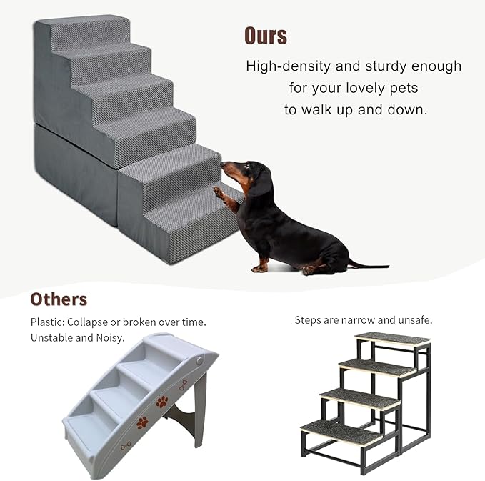 Dog Steps for High Beds 30-32" H - 6-Step Dog Stairs for Small Dogs, 33D Foam Pet Steps for High Bed with Non-Slip Bottom and Washable Cover, Dogs Ramp for Bed Indoor, Grey-PawvioPets