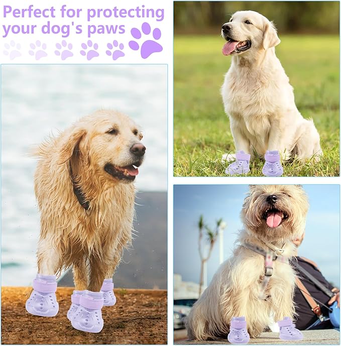 Dog Shoes, Dog Sandals for Hot Pavement, Non-Slip Waterproof Dog Booties for Winter Snowy Day and Summer, Adjustable Straps Easy-Clean Beach Outdoor Pet Boots Rugged Sole-4Pcs Purple-PawvioPets