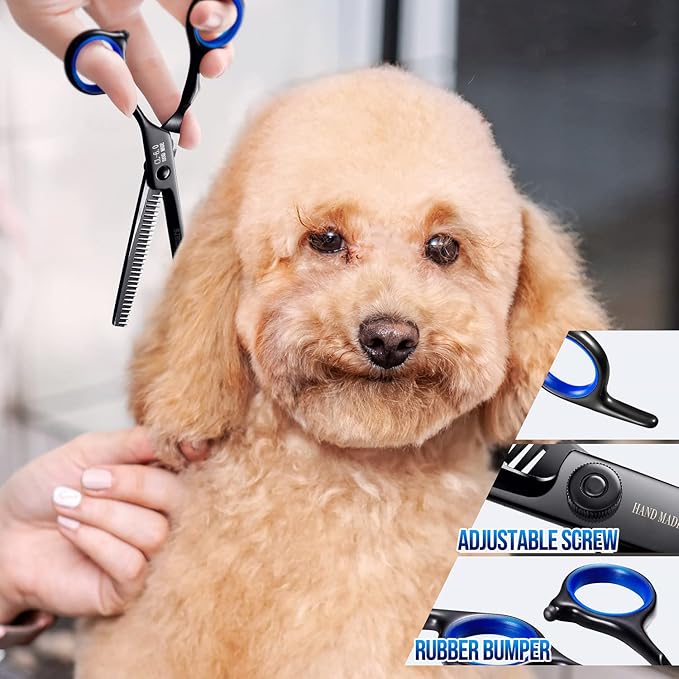 Gimars Dog Grooming Scissors Kit Professional 4CR with Safety Round Tip, 5 in 1 Heavy Duty Titanium Coated Thinning & Curved & Straight Shears-PawvioPets