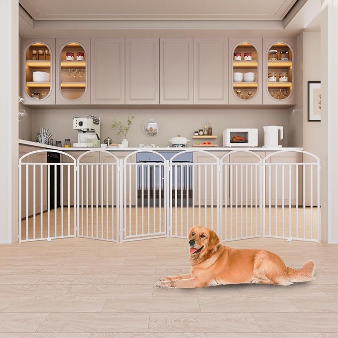 6 Panles Full Matel Freestanding Dog Gates with Door, 144"Extra Wide 36"Tall Free Standing Dog Pet Gate for Indoor & Outdoor. Foldable Pet Fences for Doorways, House, Stairs, Porch, Deck, Yard-PawvioPets