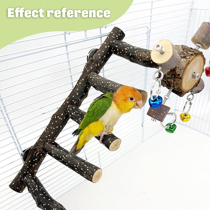 BNOSDM Natural Wood Bird Ladder Perch with Rotating Bell Toys-Exercise Stands for Parrot Climbing Chewing Parakeet Bridge Cage Accessories for Cockatiel, Conures, Lovebirds, Budgie-PawvioPets