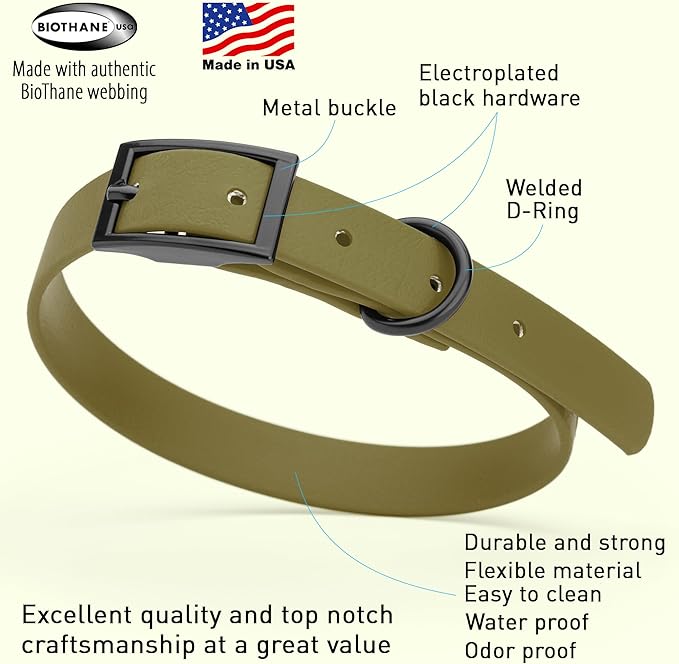 Dogline Biothane Waterproof Dog Collar Strong Coated Nylon Webbing with Black Hardware Odor- Proof for Easy Care Easy to Clean High Performance Fits Small Medium or Large Dogs, Olive Drab Green-PawvioPets