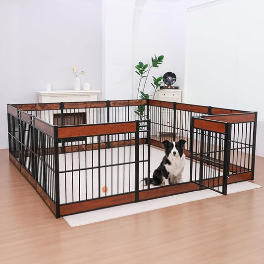 Dog Playpen, 31.5" Height Dog Pen Indoor, Heavy Duty, Safe and Sturdy, Furniture Style Puppy Pen (12 Panels (31.5" High), Mahogany)-PawvioPets