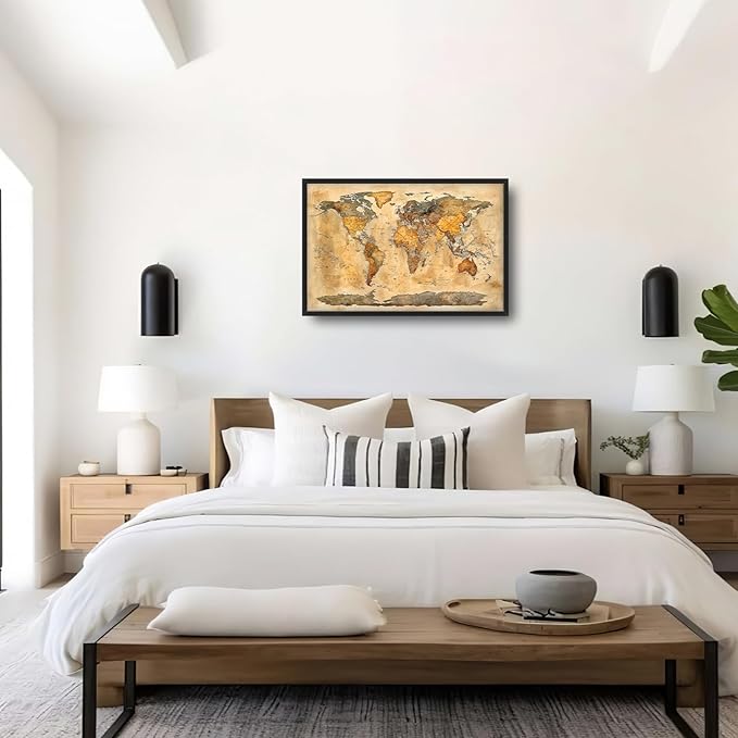 Extra Large World Map Framed Wall Art for Living Room,Oversized Vintage Map of The World Pictures Wall Decor,Canvas Print Painting Modern Artwork Bedroom Office Bathroom 36L" x 24W"-PawvioPets