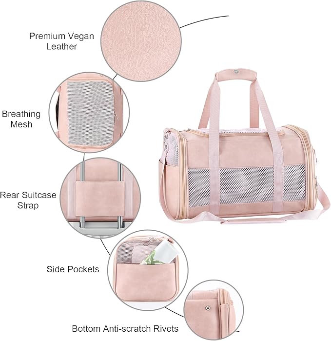 Fashion Leather Dog Carrier, Airline Approved Cat Carrier Soft Sided Pet Bag Carrier Purse for Puppy Kitten Small Animals Pink-PawvioPets