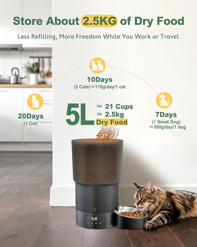 Gimars 5L/20 Cups Automatic Cat Feeder, Programmable 1-6 Meals Cat Food Dispenser with Stainless Steel Bowl, Easy Setup, Dual Power Supply,10s Meal Call Timed Pet Feeder for Cats and Small Dogs-PawvioPets