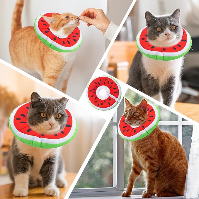 Cat Cone Collar Soft, Adjustable Cat Recovery Collars Kitten Cones to Stop Licking, Cute Donut E Collar After Surgery, Wound Healing Elizabethan Collar for Kittens (Watermelon, Medium)-PawvioPets