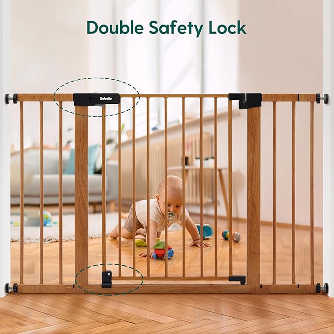BABELIO 29-48" Metal Baby Gate with Brown Wood Pattern, Auto Close Dog Gate for The House, Stairs and Doorways, Pressure Mounted Pet Gate with Door, Safety Gate for Child and Pets-PawvioPets
