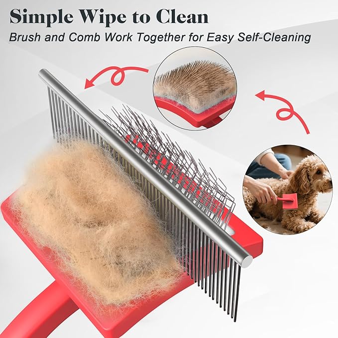 2PCS Slicker Brush for Dogs & Pet Comb,Professional Dog Grooming Brush (Goldendoodles,Poodles,Labradoodles) with Extra Long Pins to Effectively Remove Tangles, Knots and Mats (Red)-PawvioPets